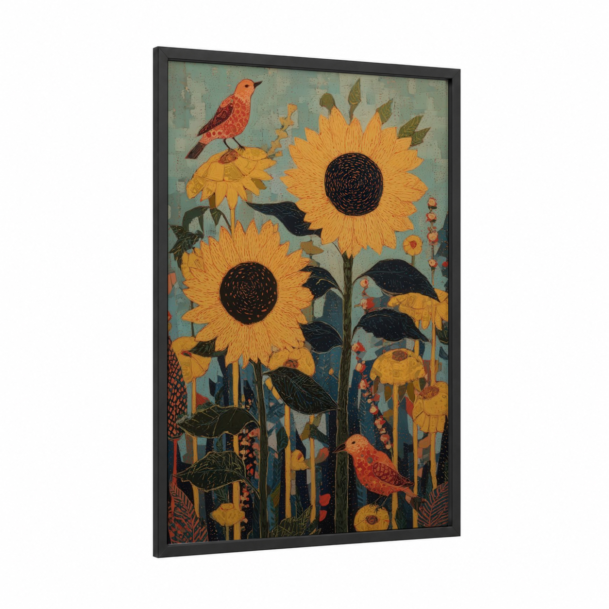 Coral Sunflower Birds framed art print — black wood frame — yellow gold and sage green palette