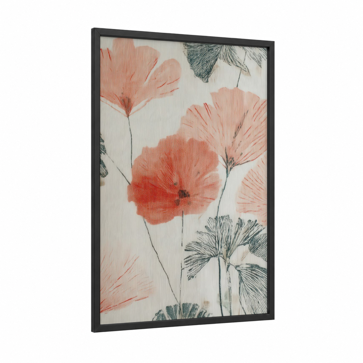 Botanical Poppy Sketch framed fashion illustration print — black wood frame — peach and sage green palette