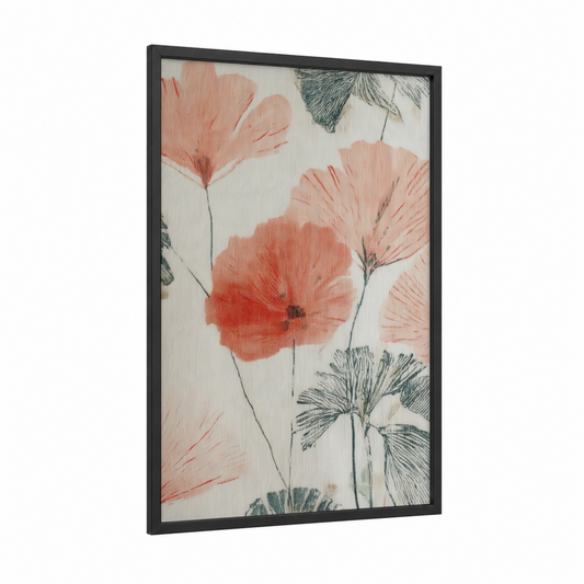 Botanical Poppy Sketch framed fashion illustration print — black wood frame — peach and sage green palette
