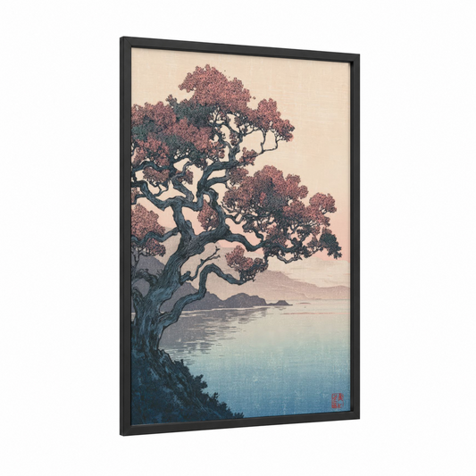 Coastal Arbutus framed arbutus tree print — black wood frame — blue and russet palette