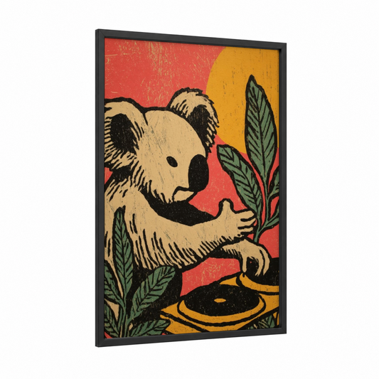 Cheerful Koala framed art print — black wood frame — orange and cream palette