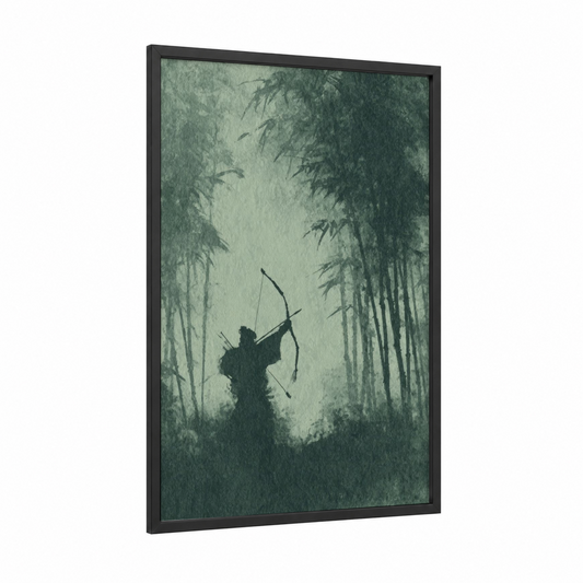Bamboo Forest Archer framed hunting print — black wood frame — sage green and gray palette
