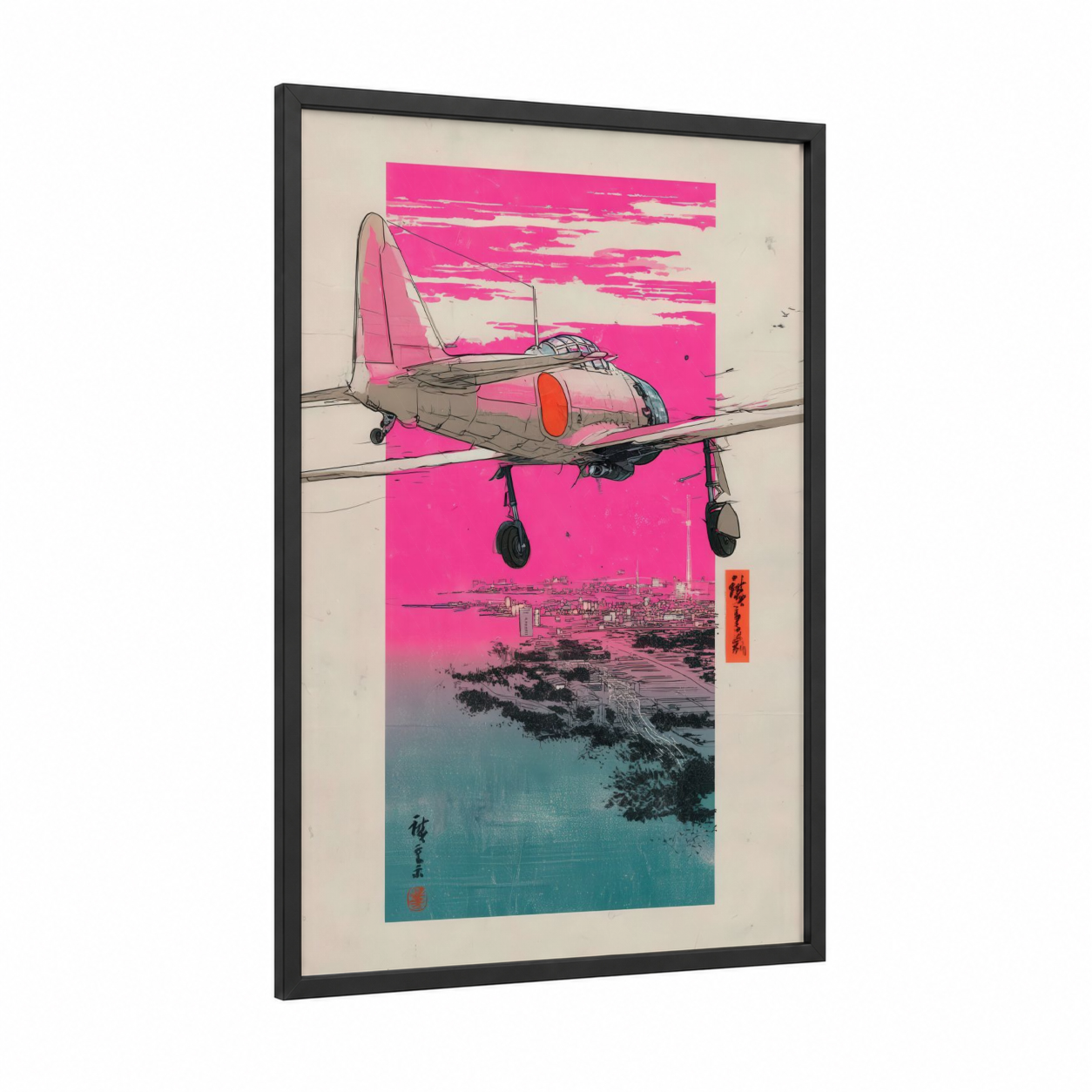 Neon Skies Airplane framed vintage airplane print — black wood frame — magenta and teal palette
