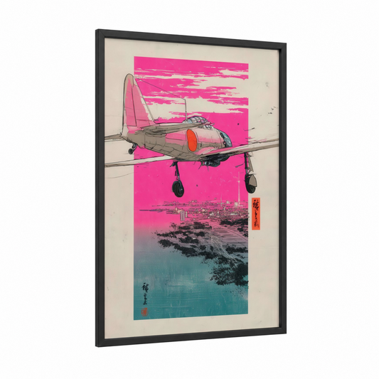 Neon Skies Airplane framed vintage airplane print — black wood frame — magenta and teal palette