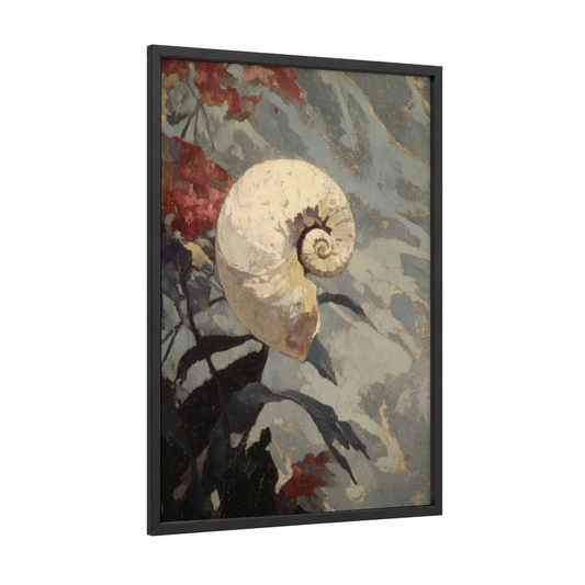 Cream Nautilus Shell framed art print — black wood frame — cream and maroon palette