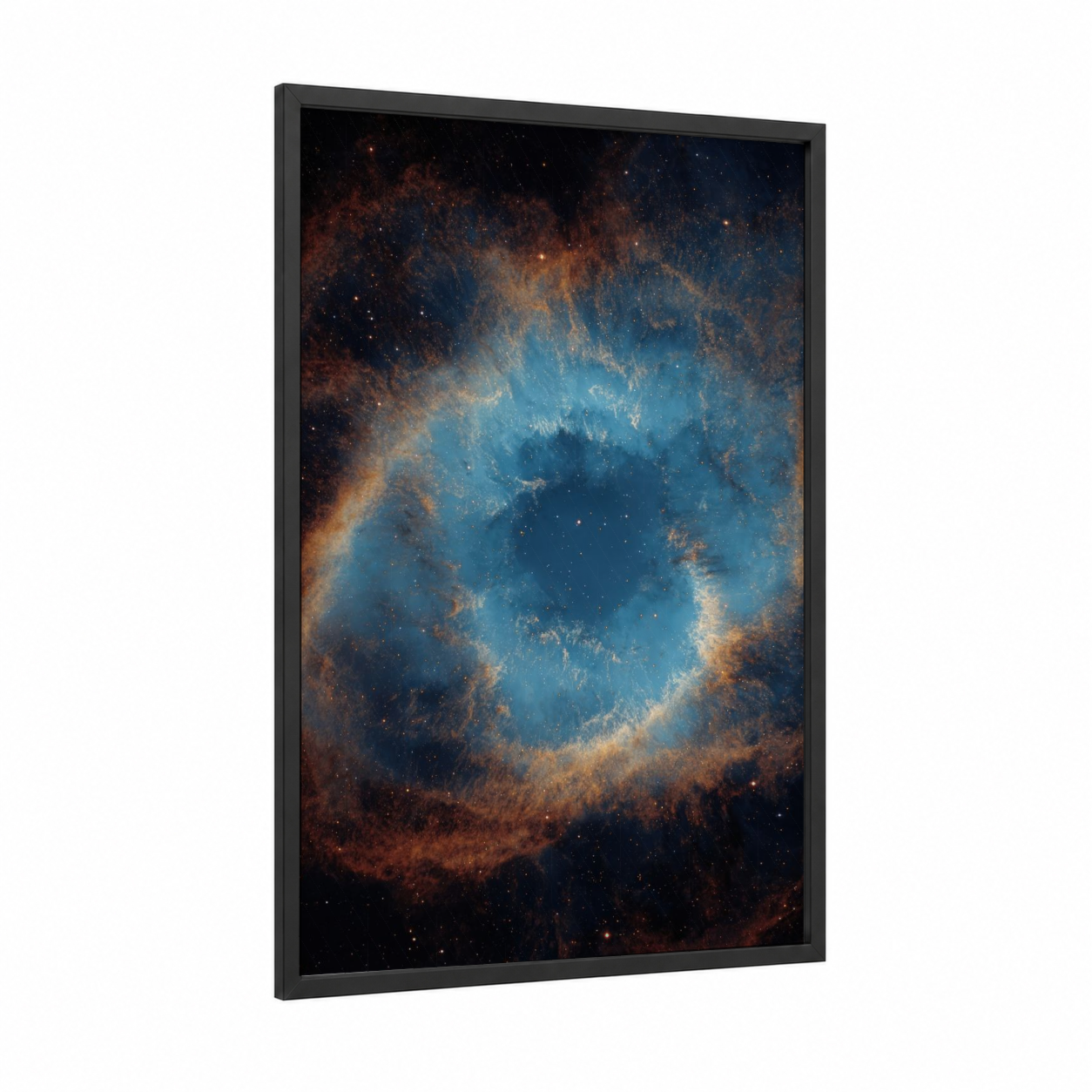 Cosmic Eye Nebula framed art print — black wood frame — blue and russet palette