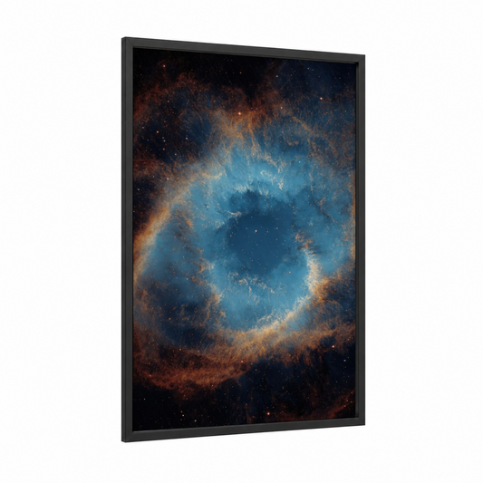 Cosmic Eye Nebula framed art print — black wood frame — blue and russet palette