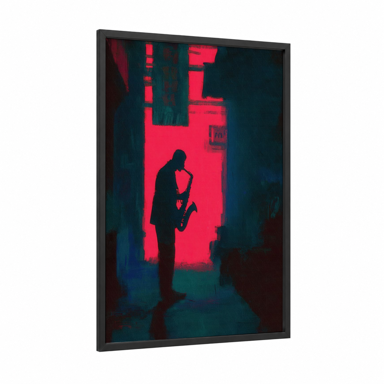 Neon Blues Saxophonist framed art print — black wood frame — magenta and dark blue palette