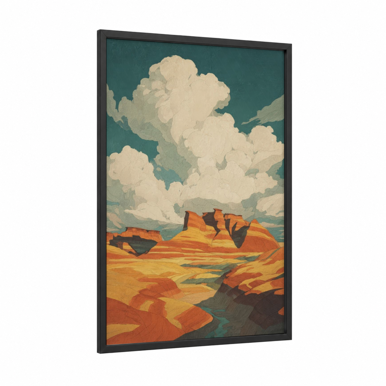 Golden Dune Landscape framed art print — black wood frame — gold and teal palette