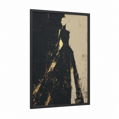 Golden Elegance framed fashion illustration print — black wood frame — black and gold and cream palette