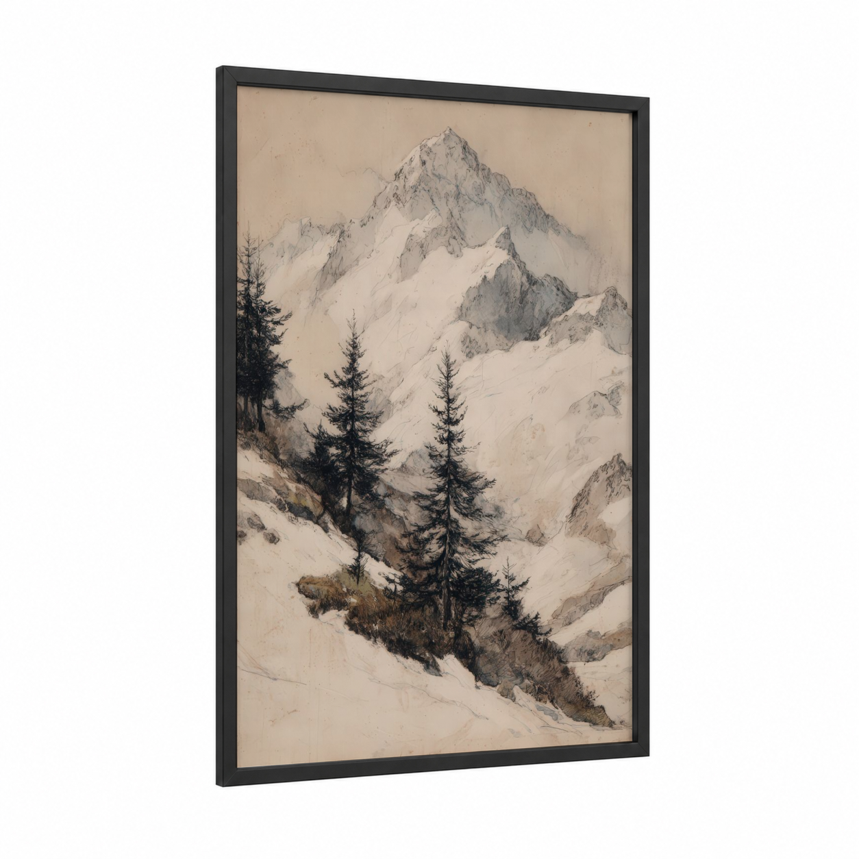 Alpine Winter Peak framed snowy mountains print — black wood frame — gray and black and white palette
