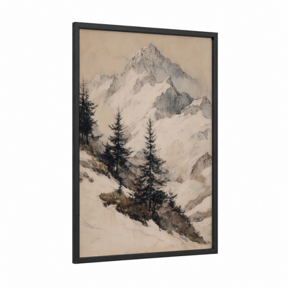 Alpine Winter Peak framed snowy mountains print — black wood frame — gray and black and white palette