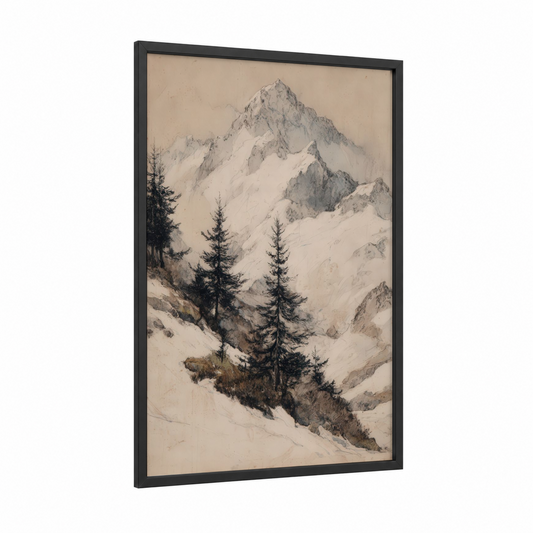 Alpine Winter Peak framed snowy mountains print — black wood frame — gray and black and white palette