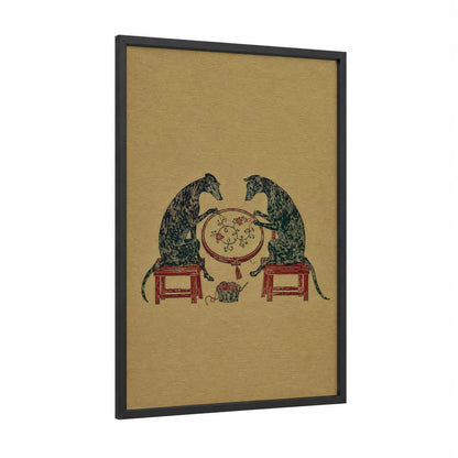 Japanese Leopard Duo Wall Art framed wild cat print — black wood frame — beige and black palette