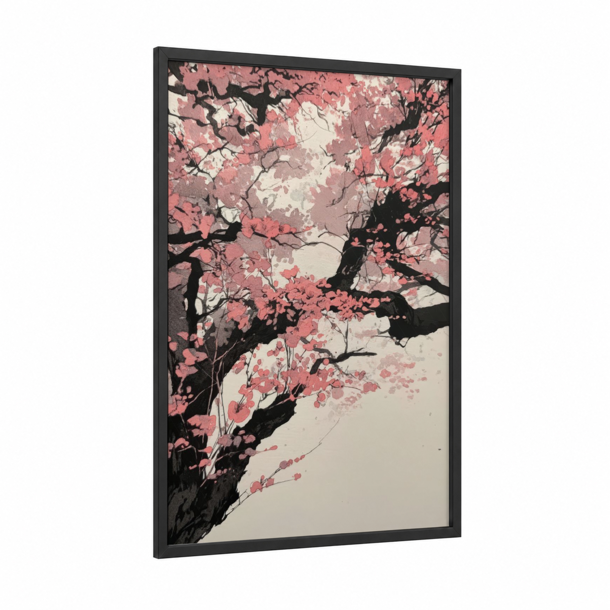 Sakura Dream framed cherry blossoms print — black wood frame — salmon pink and cream palette