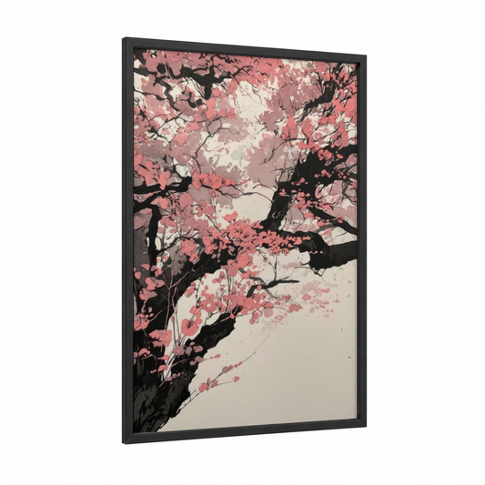 Sakura Dream framed cherry blossoms print — black wood frame — salmon pink and cream palette