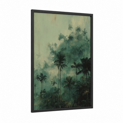 Misty Palm Forest framed art print — black wood frame — light green and cream palette