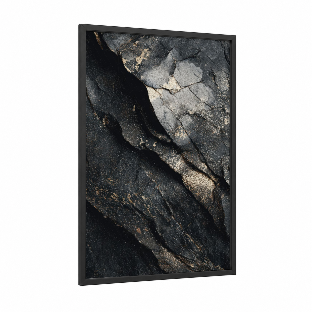 Charcoal Stone Layers framed natural stones print — black wood frame — black and white and gold palette