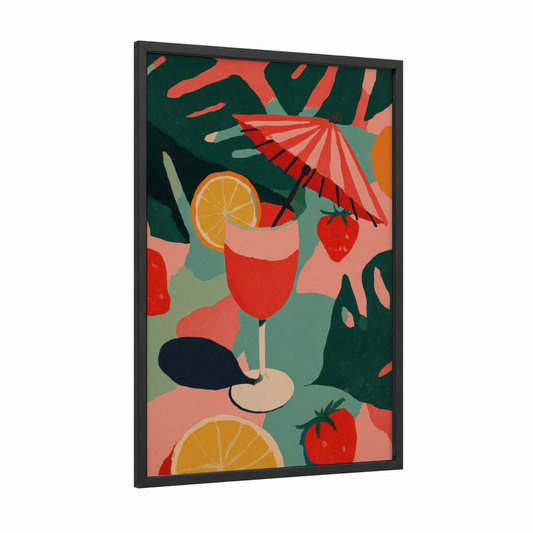 Tropical Cocktail framed art print — black wood frame — red and dark green palette
