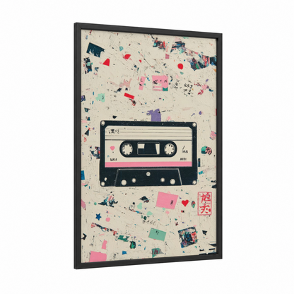 Retro Cassette Collage framed casette print — black wood frame — pink and cream palette