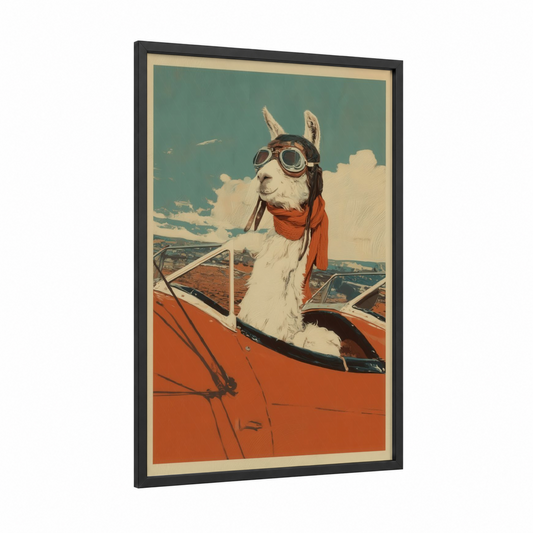 Aviator Llama framed art print — black wood frame — teal and red palette