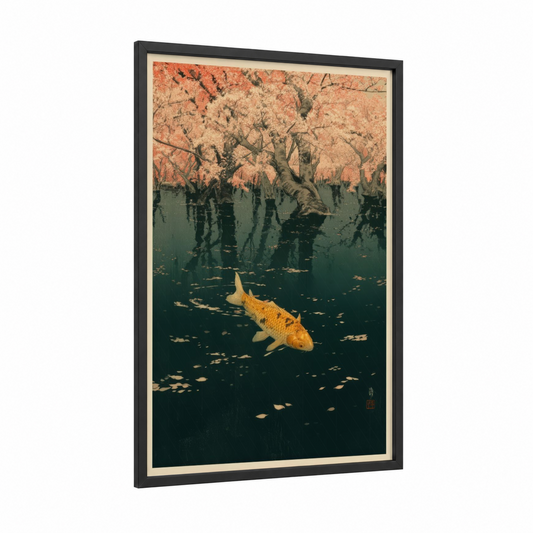 Golden Koi Sanctuary framed dragon fish print — black wood frame — gold and dark green palette