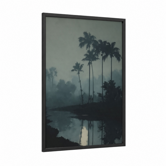 Misty Oasis framed art print — black wood frame — gray and teal palette