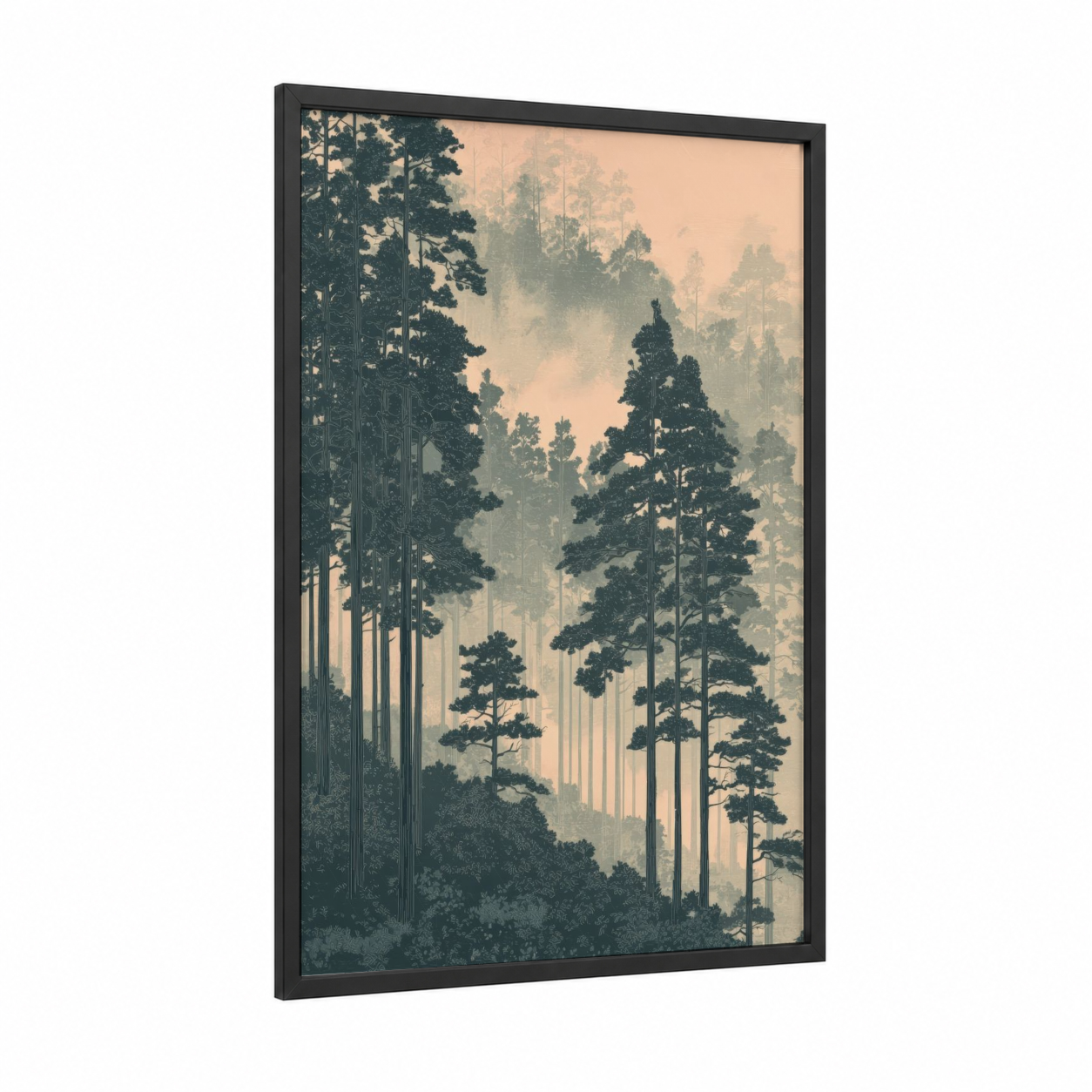 Misty Pine Forest framed art print — black wood frame — blue and cream palette