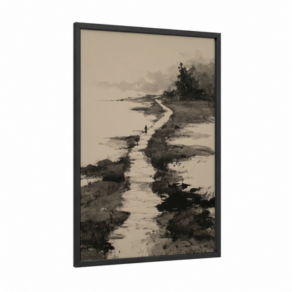 Misty Shoreline framed sandy beach print — black wood frame — gray and black and white palette