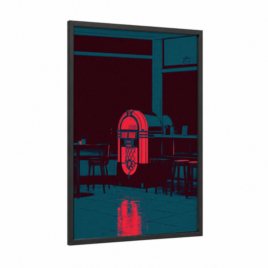 Neon Jukebox framed rock'n roll print — black wood frame — red and teal palette