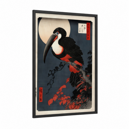 Moonlit Toucan framed art print — black wood frame — dark blue and red palette