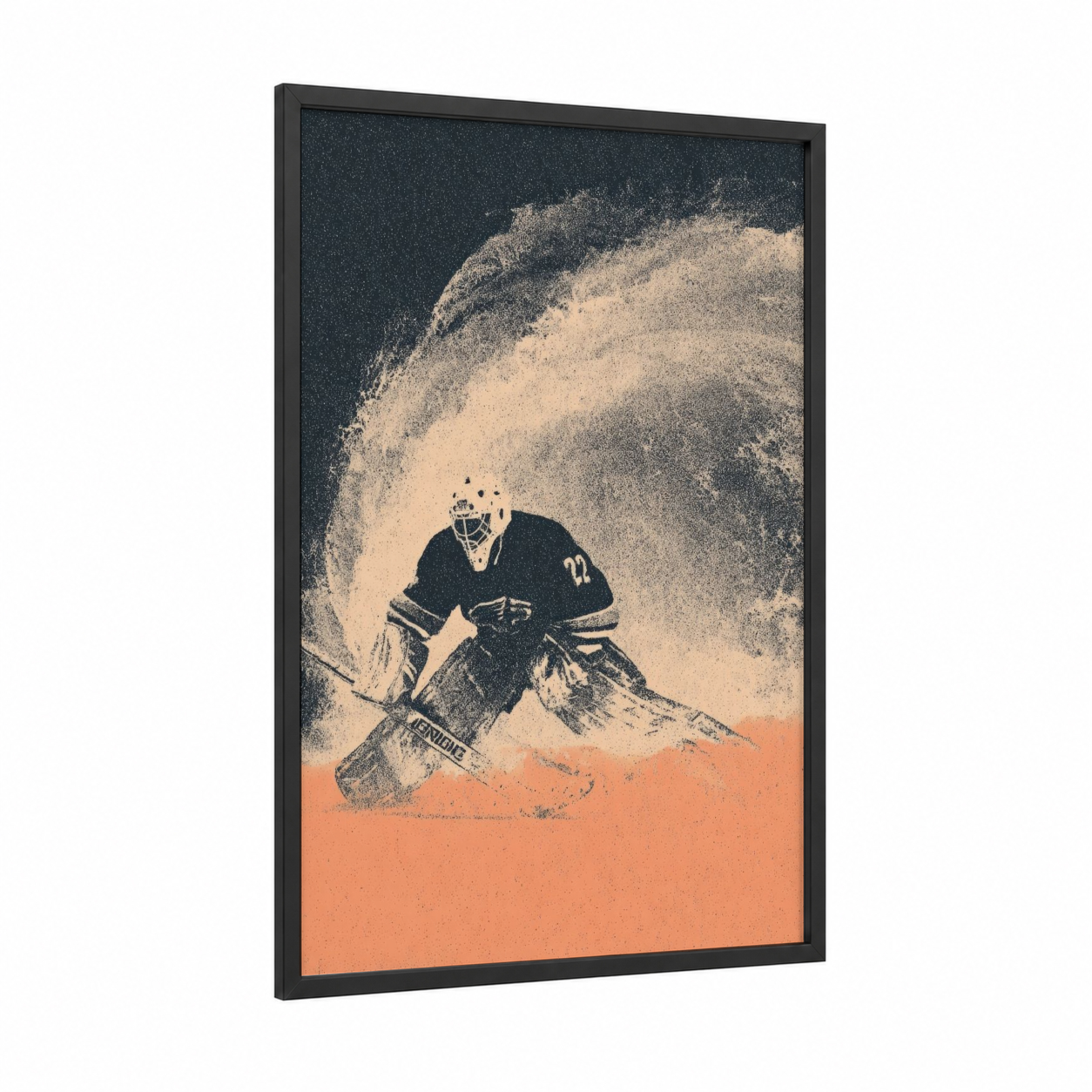 Goaltender Freeze framed ice hockey print — black wood frame — black and white and peach palette
