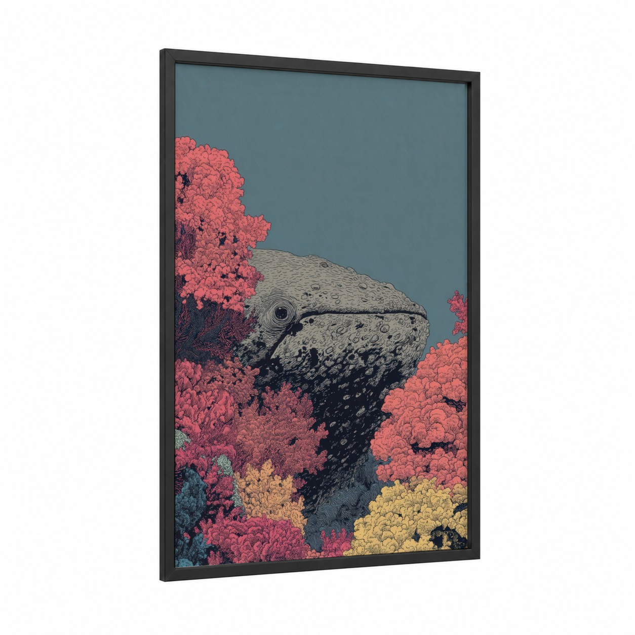 Coral Whale framed gray whale print — black wood frame — salmon pink and teal palette