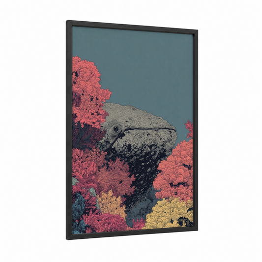 Coral Whale framed gray whale print — black wood frame — salmon pink and teal palette