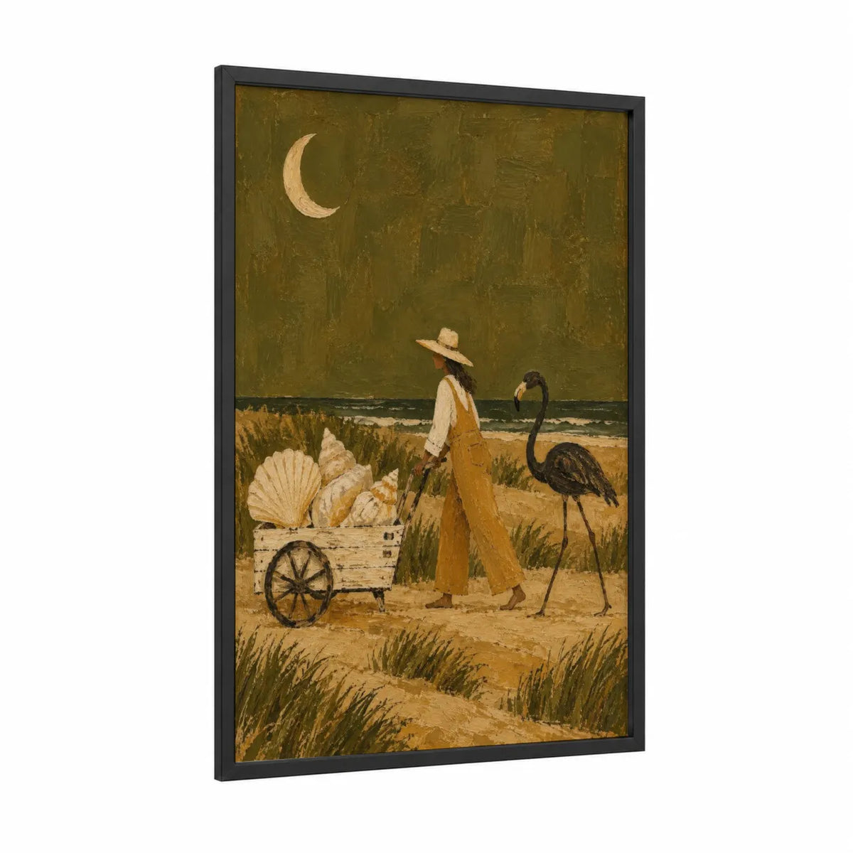Coastal Seashell Cart Beach Wall Art framed seascapes and ocean print — black wood frame — olive and mustard palette
