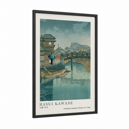 Rainy Riverside framed art print — black wood frame — teal and blue palette
