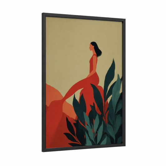 Crimson Mermaid framed art print — black wood frame — red and dark green palette