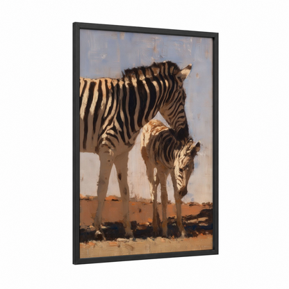 Mother Zebra Foal framed art print — black wood frame — gold and beige palette