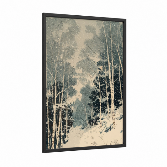 Snowy Aspen Grove framed aspen forest print — black wood frame — gray and cream palette