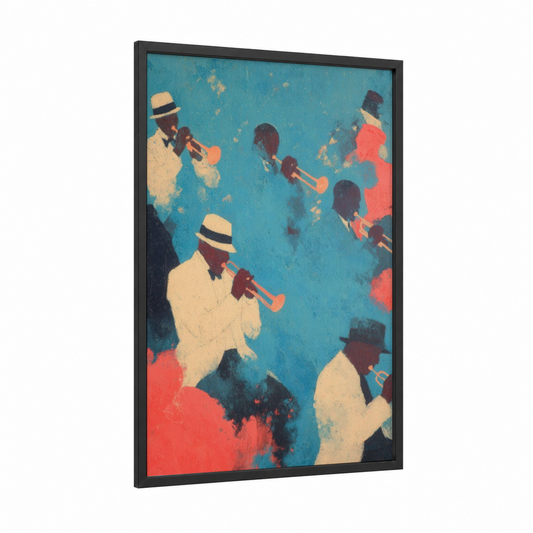 Vintage Jazz Celebration framed new years eve print — black wood frame — turquoise and cream palette