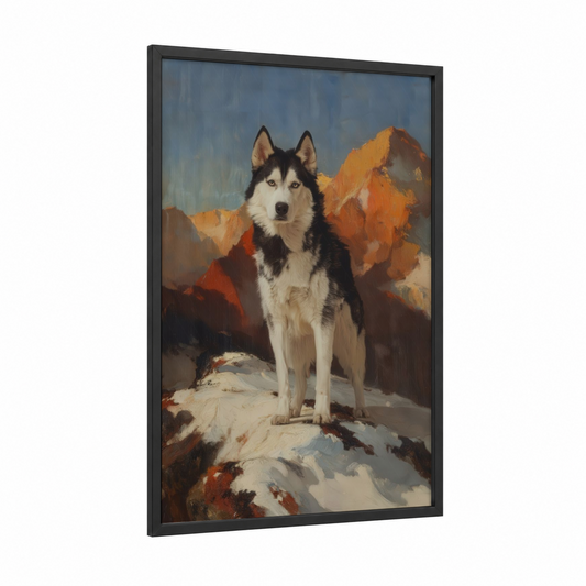 Alpine Husky framed art print — black wood frame — blue and russet palette