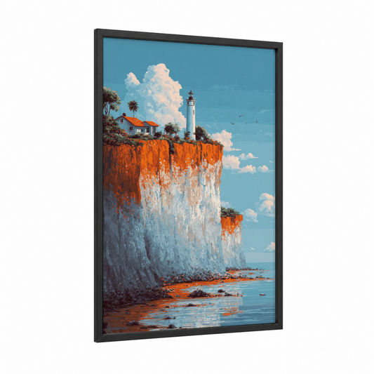 Coastal Lighthouse Cliff framed art print — black wood frame — aquamarine and russet palette