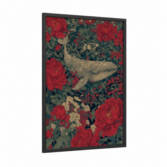 Floral Narwhal framed art print — black wood frame — gold and red palette