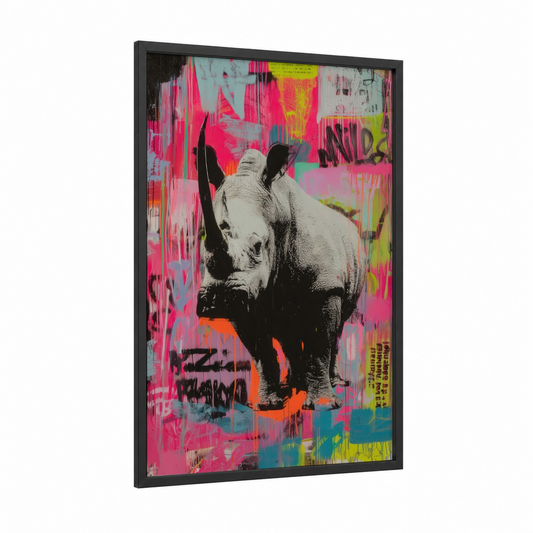 Neon Rhino framed art print — black wood frame — magenta and lime green palette