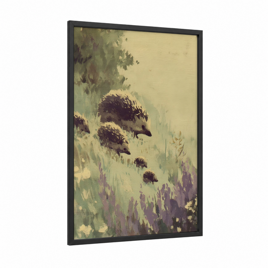 Meadow Hedgehogs framed art print — black wood frame — sage green and cream palette