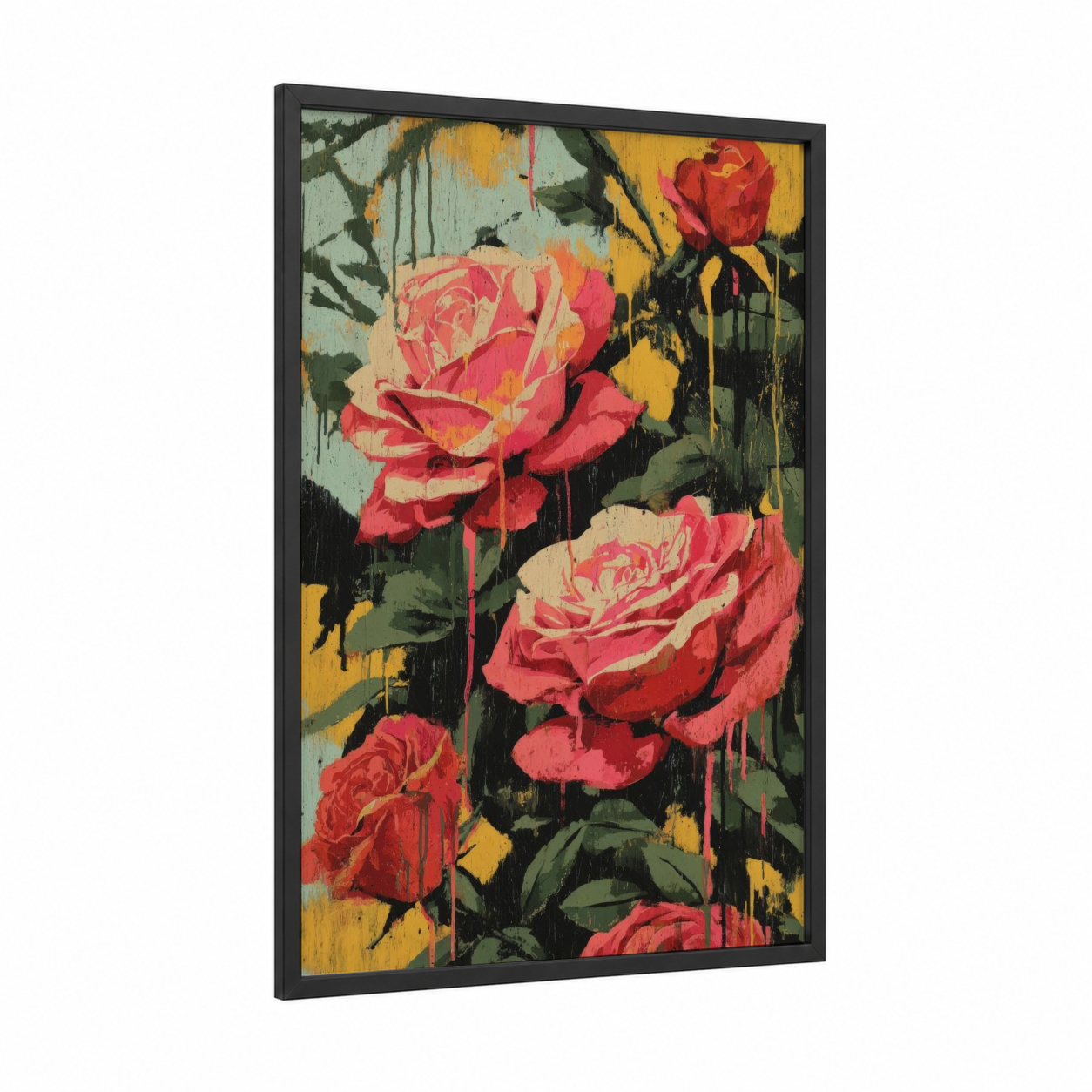 Vibrant Rose Garden framed roses print — black wood frame — red and gold palette