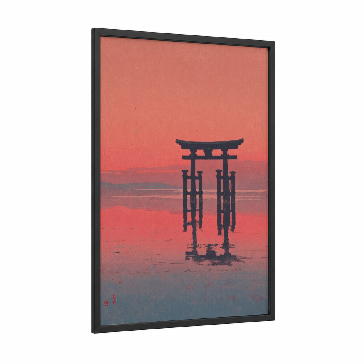 Crimson Torii Gate framed art print — black wood frame — salmon pink and dark blue palette