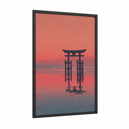 Crimson Torii Gate framed art print — black wood frame — salmon pink and dark blue palette