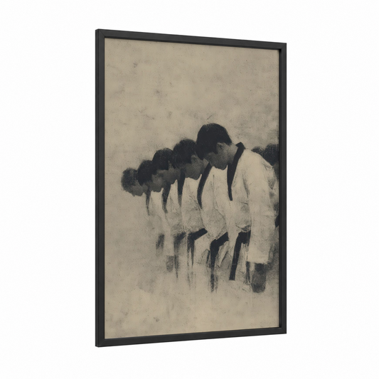Bowing Athletes framed taekwondo print — black wood frame — black and white and gray palette