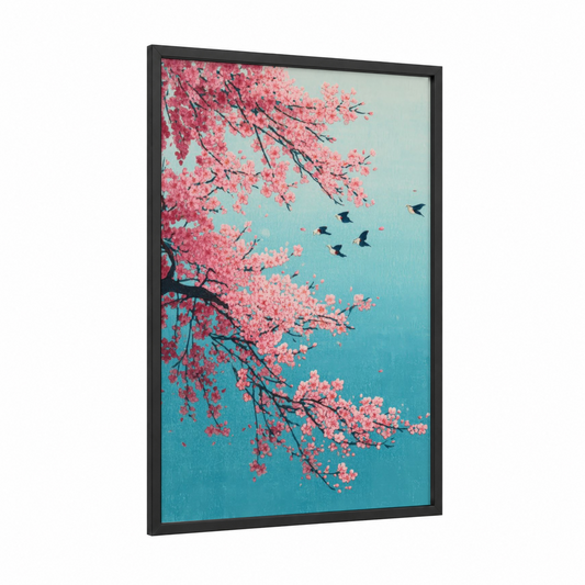 Cherry Blossom Sky framed cherry blossoms print — black wood frame — pink and teal palette